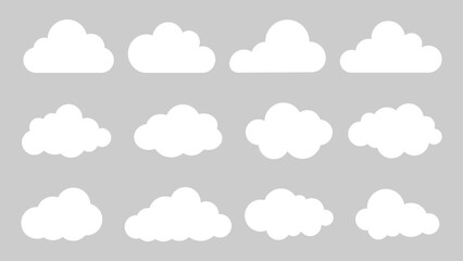 Set white cloud icons on a gray background. Cloud shapes vary in size and form. Perfect for weather, sky, or nature themes. Cloud icons for design use. Weather illustration, vector set.