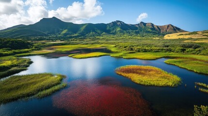 Lush marshland under mountains, with red algae and reflection in water