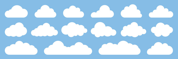 Set of white cloud icons on a blue background. Various cloud shapes, cloud patterns, and cloud designs. Perfect for weather, sky, and nature themes. Weather illustration, vector set.