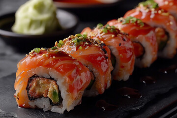 Traditional Japanese sushi rolls made with fresh salmon, rice, and seaweed. Served with soy sauce and wasabi.