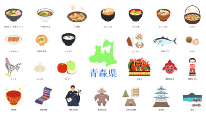 青森県の名物や特産品のイラスト。フラットなベクターイラストセット。 Illustrations of Aomori's specialties and local products. Flat vector illustration set.	
