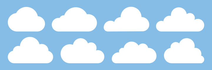 Set of white cloud icons on a blue background. Various cloud shapes, cloud patterns, and cloud designs. Perfect for weather, sky, and nature themes. Weather illustration, vector set.