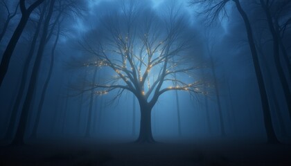 Glowing tree in a misty enchanted forest