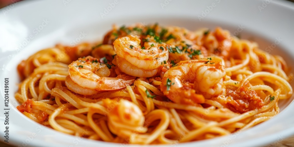 Poster tasty pasta featuring shrimp complemented by a rich tomato sauce, creating a delightful and flavorfu