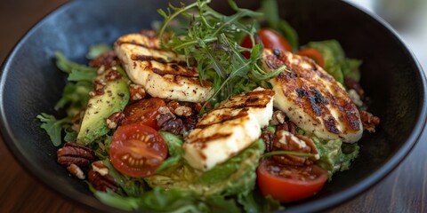 Greek style cuisine featuring a vibrant salad of grilled halloumi cheese, creamy avocado, crunchy pecan nuts, and fresh tomatoes, celebrating the essence of Greek style cuisine.
