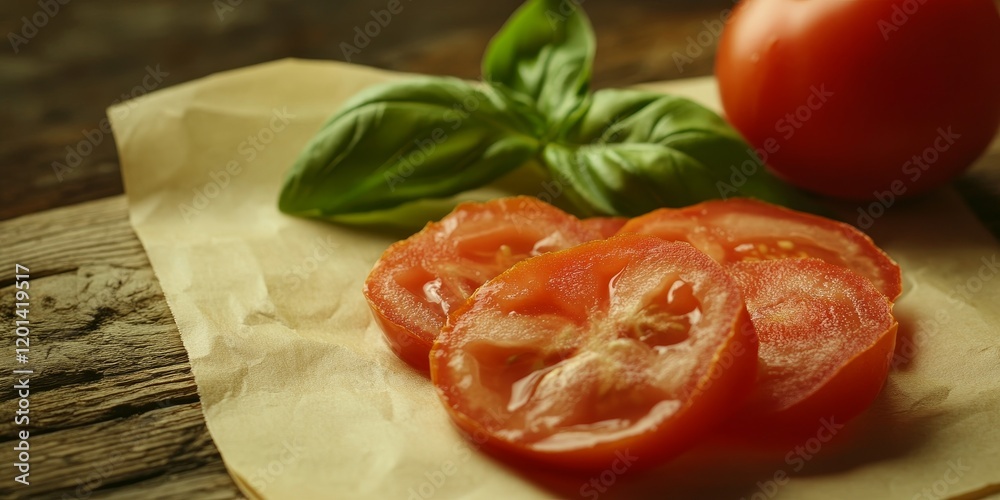 Aufkleber chopped tomatoes paired with fresh basil leaf displayed alongside blank paper create a vibrant and a
