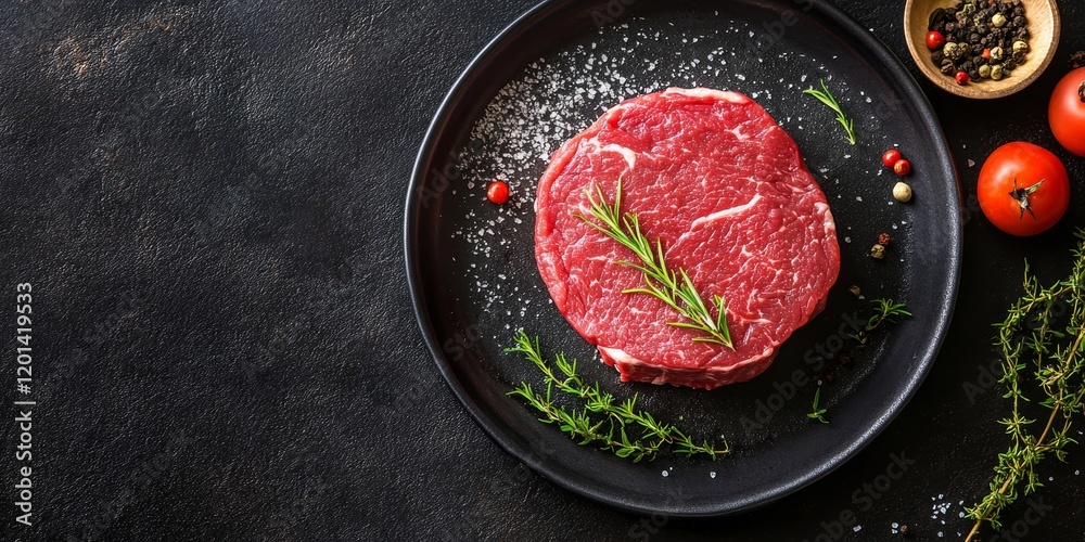 Poster raw beef fillet steak displayed on a kitchen table, showcasing the freshness and quality of the beef