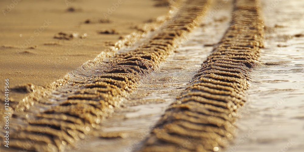 Aufkleber Tire track on wet sand creates an abstract background texture that showcases the unique patterns formed by the tire track on the smooth surface of wet sand. Enjoy the aesthetic of this tire track.
