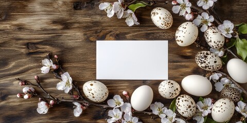 Chicken and quail eggs arranged with a blooming branch and an empty card, providing a delightful space for text. Perfect for highlighting chicken and quail eggs in your design.