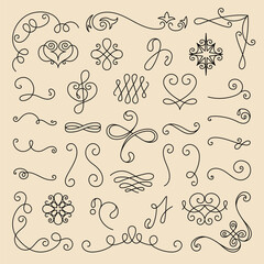 Decorative Vector set. Elegant swirls and curls in black ink on a grid background. Decorative swirls, ornate curls, and stylish lines for design embellishments. Hand drawn ornament vector set.