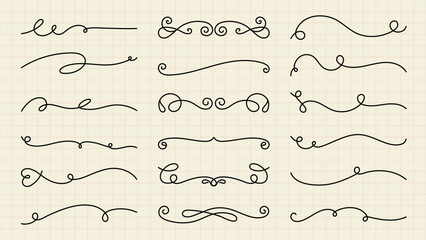 Decorative Vector set. Elegant swirls and curls in black ink on a grid background. Decorative swirls, ornate curls, and stylish lines for design embellishments. Hand drawn ornament vector set.