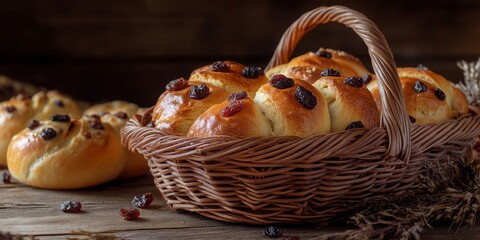 Freshly baked bread adorned with dried fruits rests elegantly on a rustic table. Savory buns complement the scene as they lie together in a charming basket, highlighting the theme of freshly baked