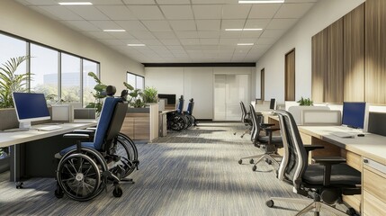 Fototapeta premium Spacious modern office with accessible design. Wheelchairs at desks, natural light, wooden flooring, plants, open workspace, inclusive environment, productivity. Generative AI