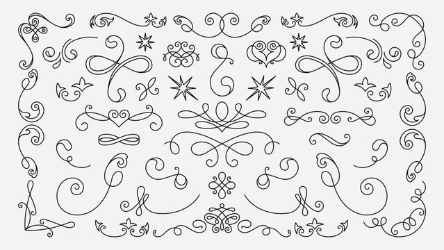 Vector set. Elegant decorative dividers with swirls and curls. Swirls and curls in various styles. Perfect for elegant design, these dividers add a decorative touch. Hand drawn ornament vector set.