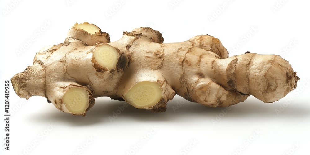 Poster closeup of a ginger bulb showcased against a white background, highlighting the unique texture and v