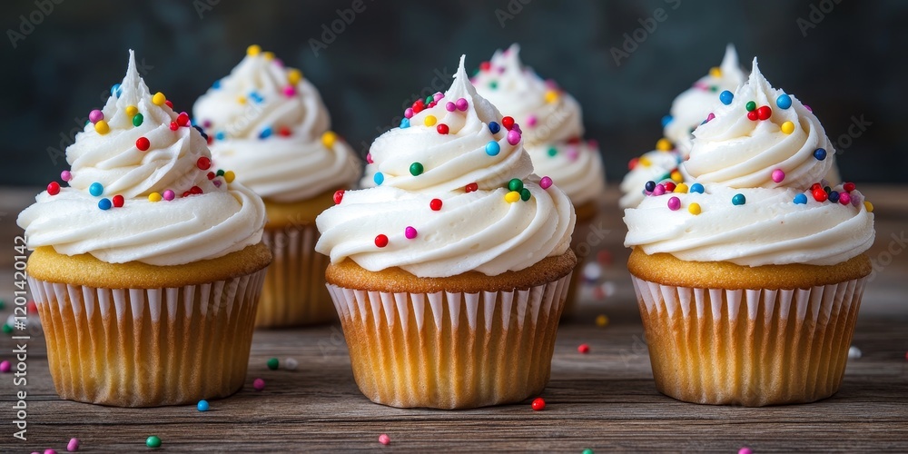 Poster gourmet cupcakes adorned with white buttercream frosting and colorful sprinkles set on a rustic wood