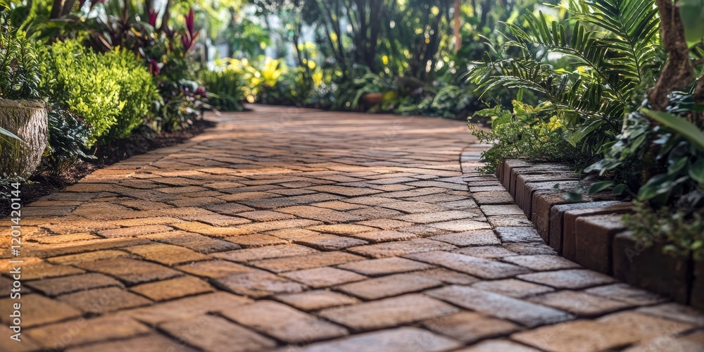Fototapete the walkway features a charming design, paved with brown bricks, creating an inviting path. this bro