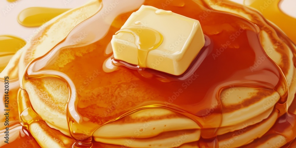 Poster A detailed view of soft, fluffy pancakes drizzled with syrup and complemented by a pat of butter on top. Fluffy pancakes with syrup and butter create a delicious sight.