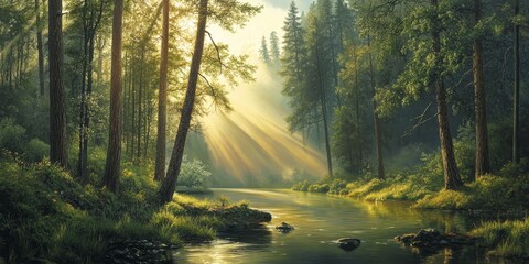 Obraz premium Scenic landscape in the morning showcases the beauty of nature within a lush forest, capturing the essence of a tranquil forest landscape at dawn. Enjoy the peacefulness of this stunning landscape.