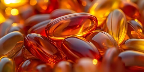 Close up view of fish oil capsules showcasing their vibrant color and texture, emphasizing the health benefits of fish oil capsules for daily supplementation and wellness routines.