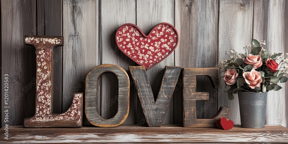 Poster wooden letters arranged to spell love, accompanied by a heart design, create a charming display of l