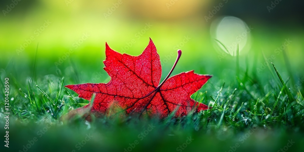 Aufkleber close up of a red leaf resting on grass, showcasing the vivid color and texture of the red leaf agai