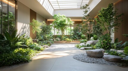 Obraz premium Indoor Courtyard Garden With Trees and Boulders Under Skylight