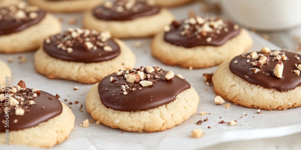 Poster creating delicious cutout sugar cookies, partially dipped in chocolate and sprinkled with hazelnut p