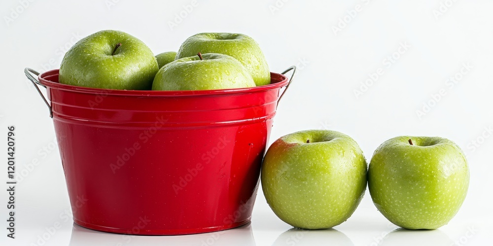 Poster vibrant green apples placed beside a red bucket, creating a striking visual contrast against a clean