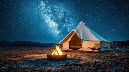 Desert glamping under Milky Way, campfire, mountains