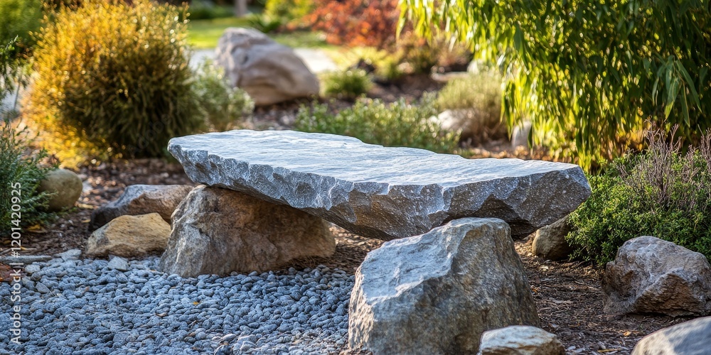 Poster zen inspired rock bench nestled in a tranquil park setting, offering a serene space for reflection a