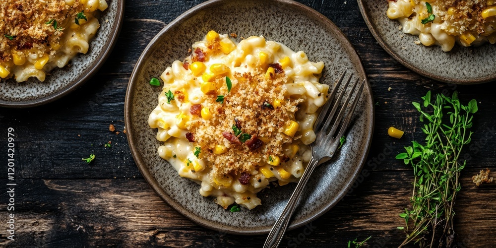 Aufkleber delicious mac and cheese with corn, bacon, and crispy panko breadcrumbs served on plates alongside a