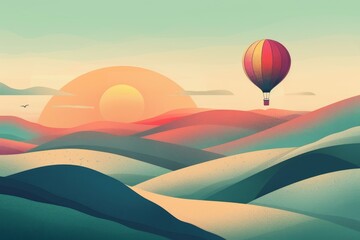 A serene landscape featuring rolling hills and a colorful hot air balloon against a sunset backdrop.