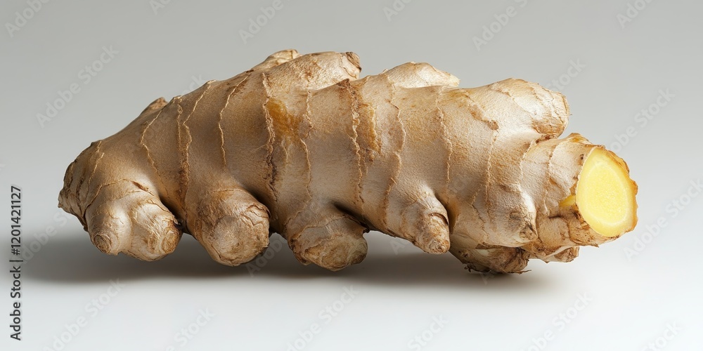 Poster closeup of a ginger bulb showcased against a white background, highlighting the unique texture and v