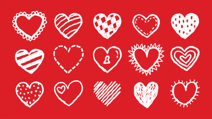 Set of 15 white heart icons on a red background. Each heart has a unique design, including dotted, lined, and scalloped patterns. Perfect for love-themed projects. Valentine's Day elements, vector set