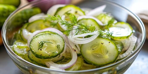 Homemade pickles in a salad bowl feature pickled brittlegills Russula delica and thinly sliced white onions, creating a delicious combination of flavors in this unique salad bowl dish.