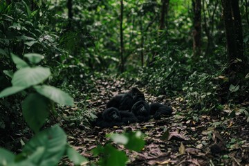 A tranquil image of a family of gorillas resting in a dense forest.