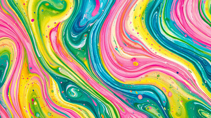 Obraz premium Colorful Abstract Fluid Art with Pink, Green, and Yellow Swirls, Concept of Creative Expression and Dynamic Design. Background