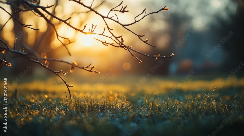 Poster Branches resting on the grass showcase the beauty of the grass illuminated by evening sunlight, creating a serene atmosphere with a beautifully blurred background.