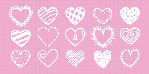 Pink background with 15 white heart doodles. Hearts vary in design: stripes, dots, zigzags. Cute heart patterns on pink. Heart doodles, pink and white theme. Cute Valentine's Day elements, vector set.