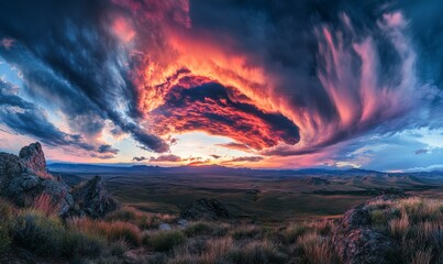 Fototapeta premium A stunning panoramic sunrise sky with dramatic clouds in shades of grey, blue, and pink, intense light, colorful clouds, natural wonder., sunrise sky