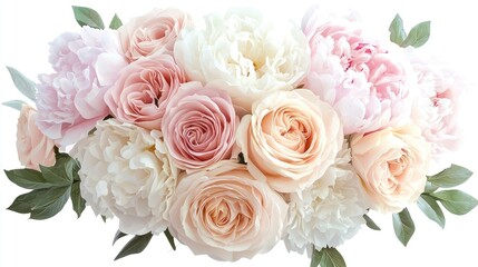 Elegant bouquet of roses in pastel shades. Pink, white, and peach roses with green leaves, arranged in a sophisticated, romantic style, soft petals, floral decoration. Generative AI
