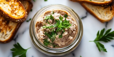 Homemade pate presented in a glass jar, complemented by toasted bread topped with pate and fresh greenery, beautifully arranged on a marble background an enticing top view display.