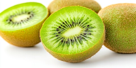 Fototapeta premium Fresh and juicy kiwi isolated on a white background, showcasing the vibrant green color and unique texture of the juicy kiwi. Perfect representation of the delicious and nutritious juicy kiwi fruit.