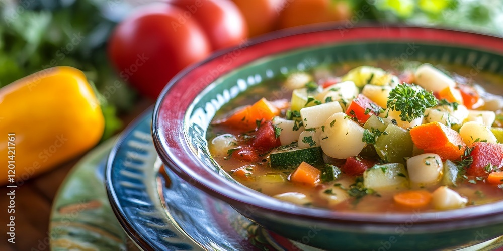 Poster A vibrant plate of vegetable soup displayed on a table, showcasing a colorful array of fresh vegetables in a delicious bowl of vegetable soup, perfect for a healthy meal.