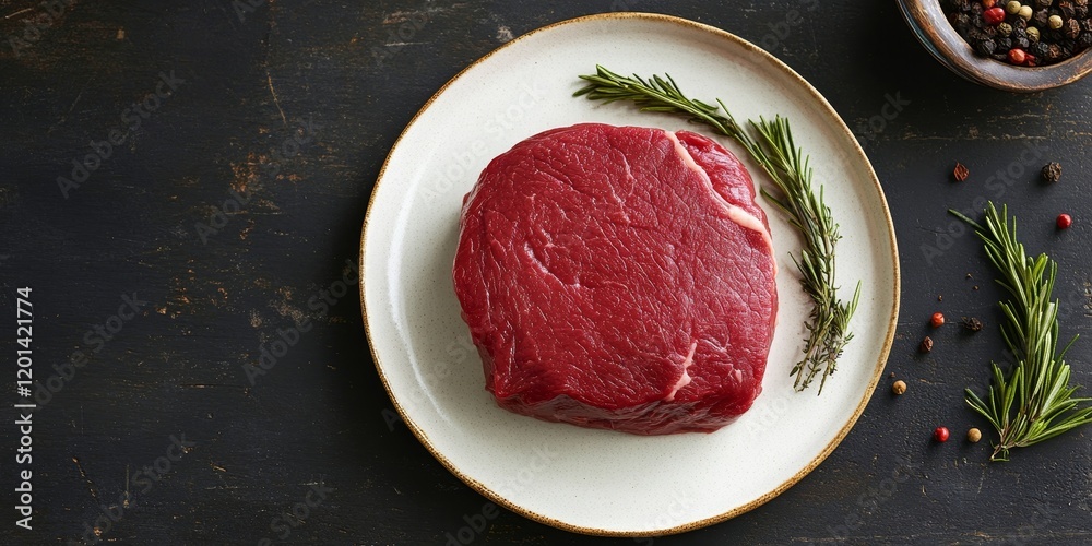 Poster raw beef fillet steak displayed on a kitchen table, showcasing the freshness and quality of the beef