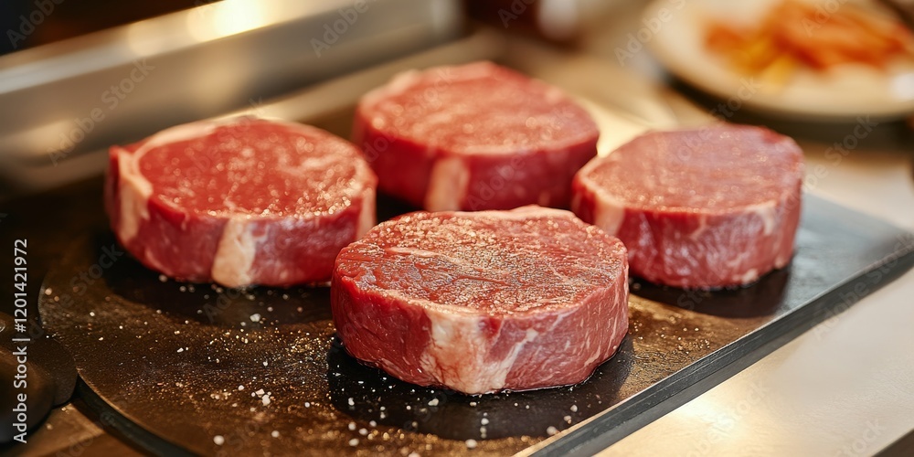 Aufkleber Raw uncooked beefsteaks displayed on a butcher s knife highlight the freshness and quality of raw uncooked beefsteaks, ideal for culinary presentations and appetizing visuals.