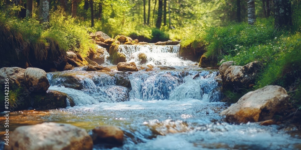 Aufkleber a river cascades over stones within a wooded area, creating a beautiful display of water flowing dow