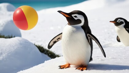 Fototapeta premium A close-up of a penguin with a bright red and yellow beach ball on pristine snow, blending arctic wilderness with playful energy