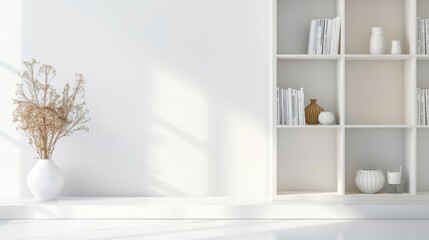 Fototapeta premium Minimalist White Room with Bookshelf, Dried Flowers and Sun Light